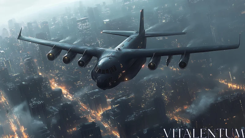 Stealth cargo jet glides over neon city at stormy dusk.
