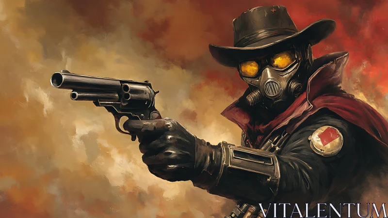 Post‑apocalyptic gunslinger aiming revolver in burning haze.