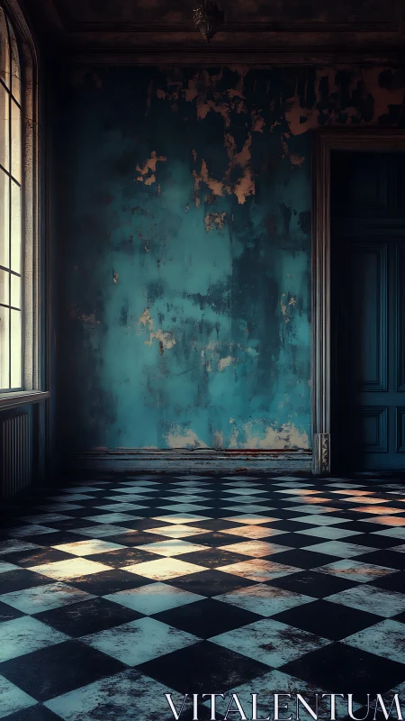 Decayed teal interior exposes worn checkerboard tiles in angled light