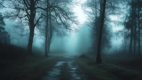 Foggy forest path with tall leafless trees in dim light.