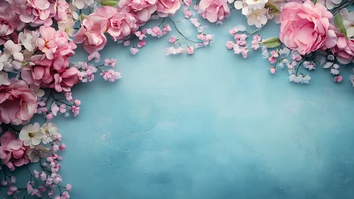 Layered Floral Arrangement on Textured Turquoise Surface with Dimensional Depth