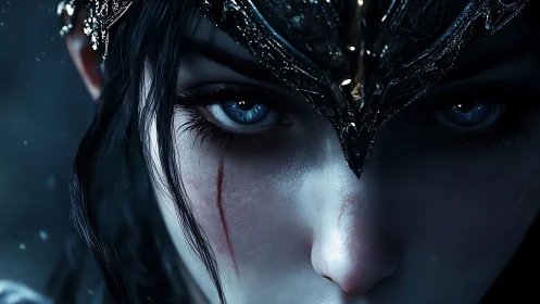 Close frontal view of armored fantasy woman with scarred face.