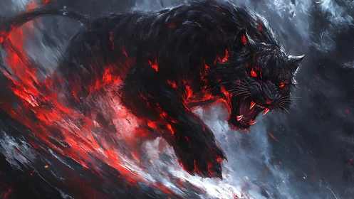 Ember-clawed shadow panther erupts from a storm of fire