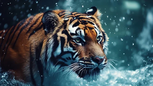 Majestic tiger strides through sapphire water with calm focus