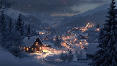 Snowy alpine village glows warmly under a tranquil night sky