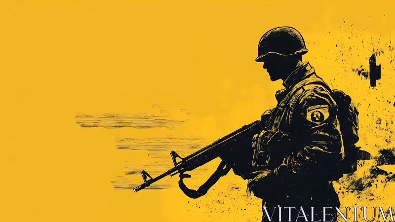 Silhouetted soldier with rifle rendered in high contrast graphic profile