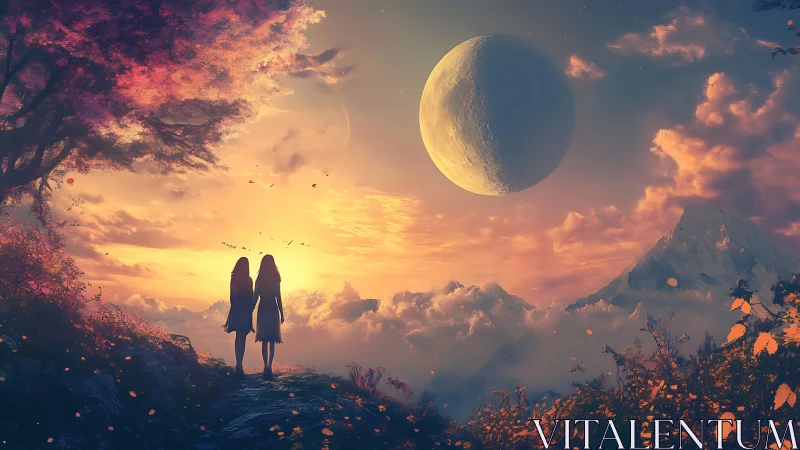 Two figures observe large crescent moon over clouded valley