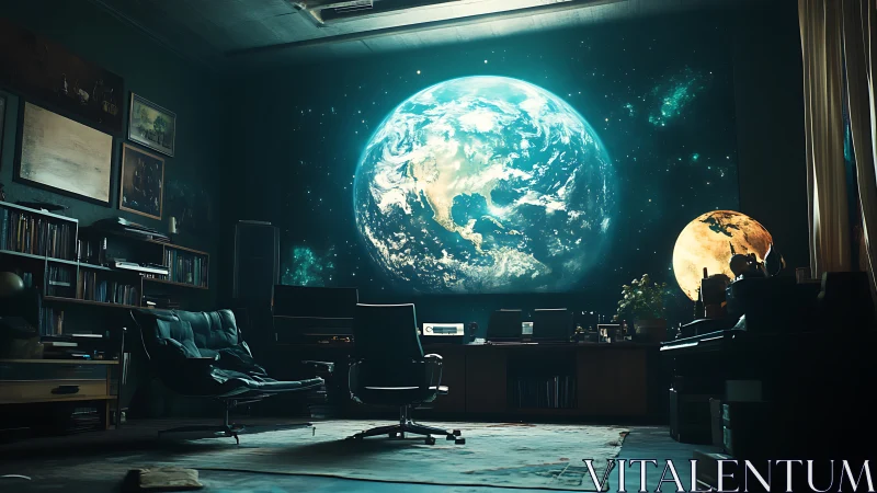 Earth projection dominates dim study lined with bookshelves