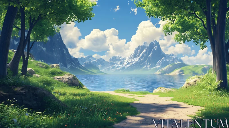 Serene alpine lake vista framed by trees and distant peaks.