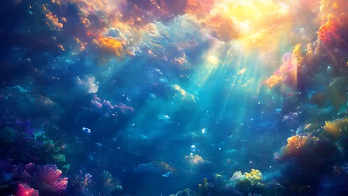 Luminous underwater reef with radiant celestial skylight.