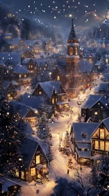 Nocturnal alpine village with illuminated church spire in snowfall.