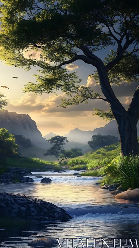 Sunlit mountain stream in verdant valley with towering trees.