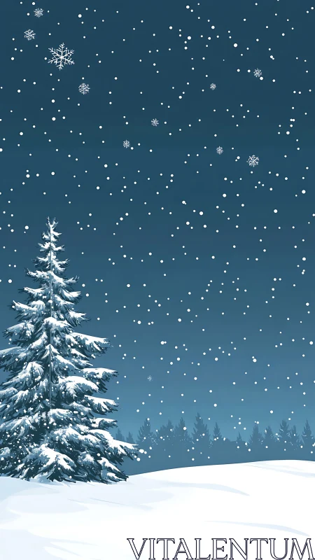Digital winter landscape with snowfall and conifer silhouette.