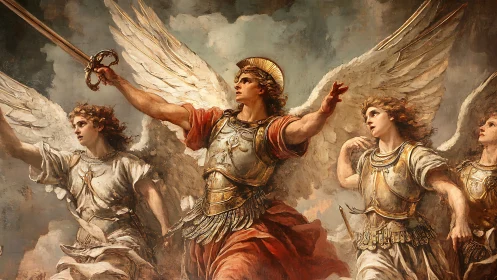 Heroic armored angels advance under storm-lit celestial skies