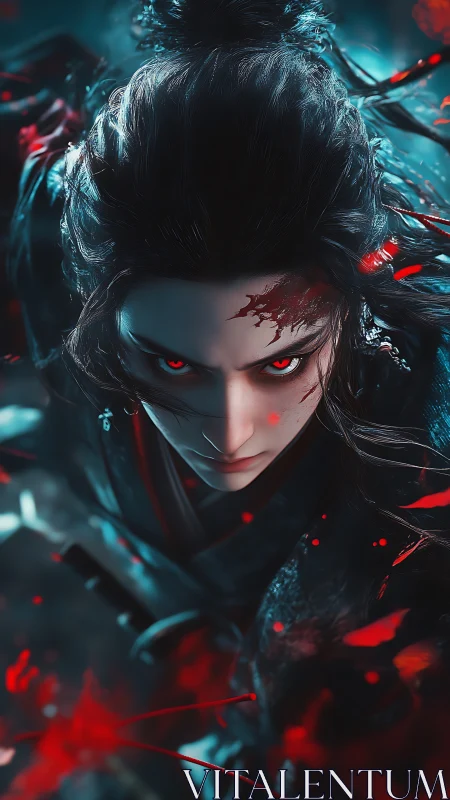 Digital painting of vengeful samurai portrait in dynamic close-up.