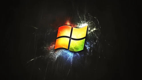 Glowing four-color window bursts from a dark textured void