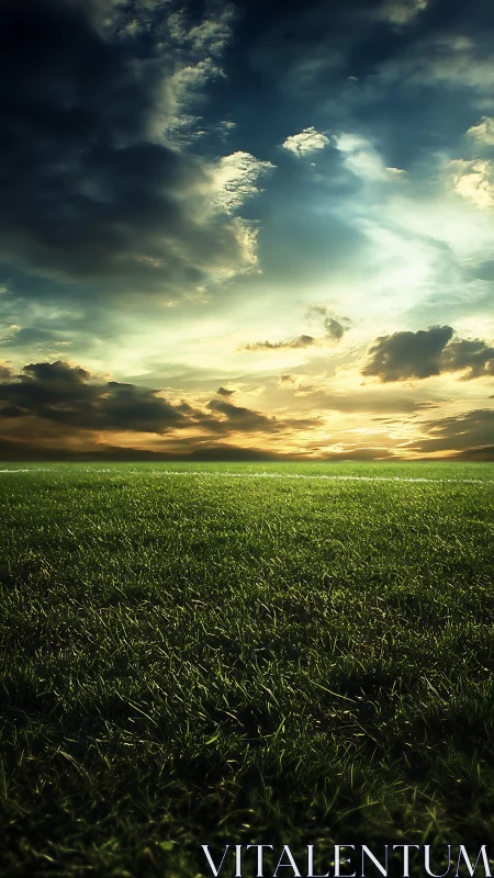 Endless green field beneath dramatic golden sunset sky.