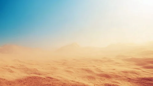 Desert landscape under hazy sunlight and clear sky.