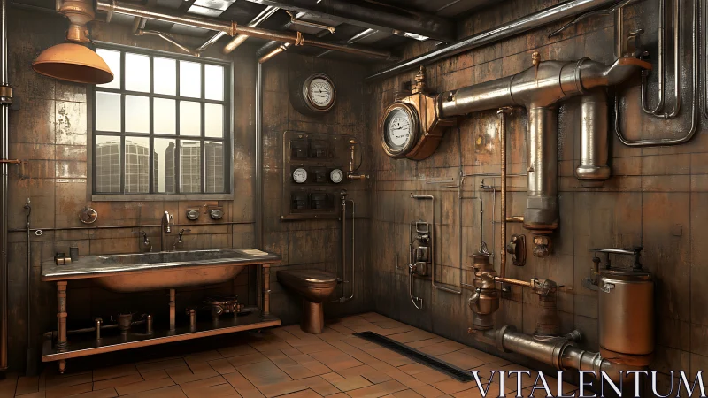 Industrial steampunk bathroom with exposed copper piping network