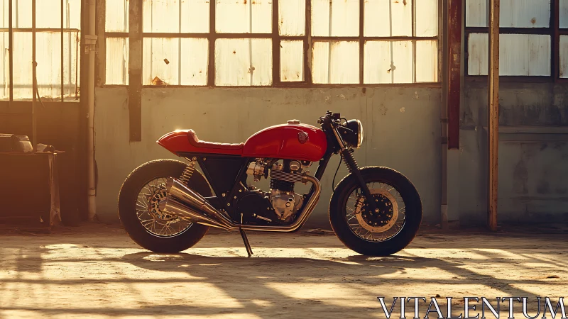 Red cafe racer motorcycle stands in sunlit industrial workshop