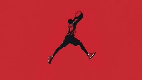 Silhouetted basketball player executing midair slam dunk.