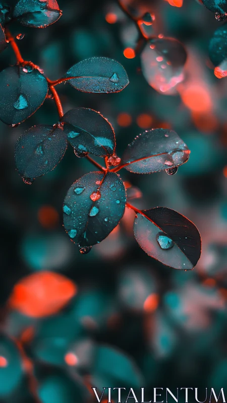 Neon-kissed rain droplets on teal leaves in close focus.