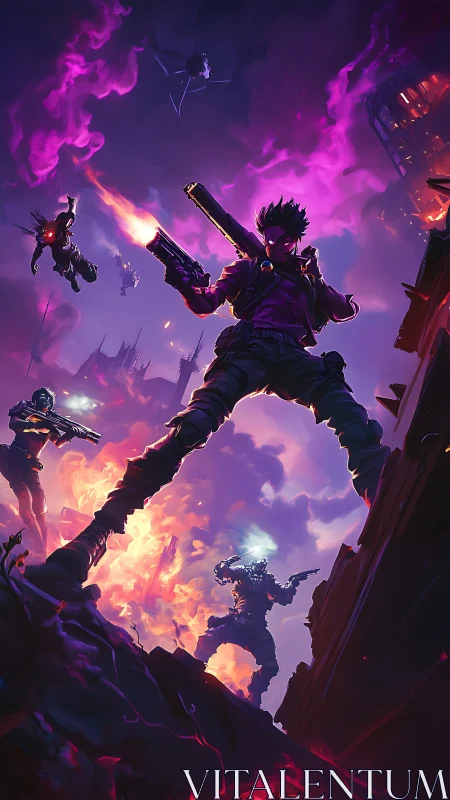 Armed figure on urban ruin amid violet and orange flames.