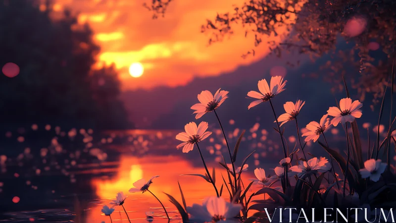Backlit wildflowers silhouette a luminous orange river sunset