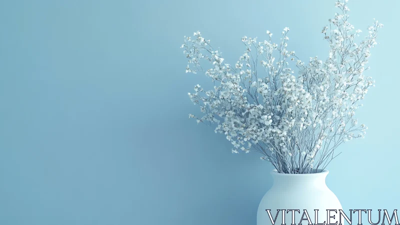 White dried flowers in ceramic vessel against pale blue backdrop.