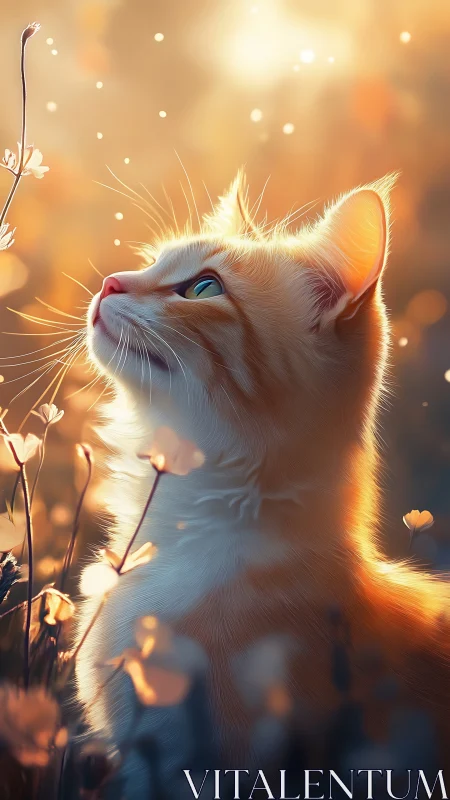 Golden Hour Cat Looking Upward Among Wildflowers