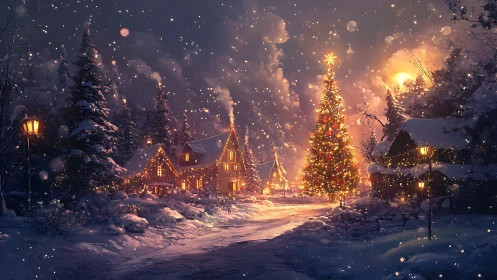 Snowlit village square with glowing Christmas tree centerpiece.