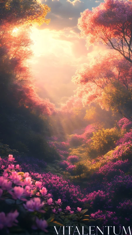 Sunlit valley with dense pink flowering trees and shrubs.