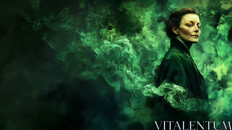 Enigmatic woman in emerald mist gazes with quiet power.