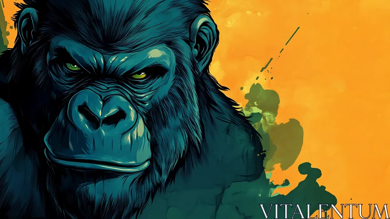 Powerful teal gorilla stares intensely against orange field.