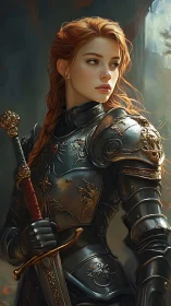 Warm light crowns a thoughtful red haired knight in armor.