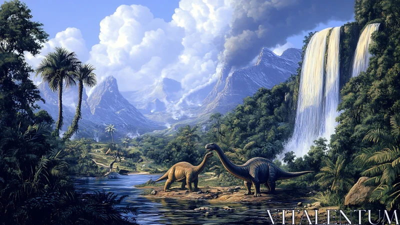 Sauropod dinosaurs in lush prehistoric valley with waterfalls