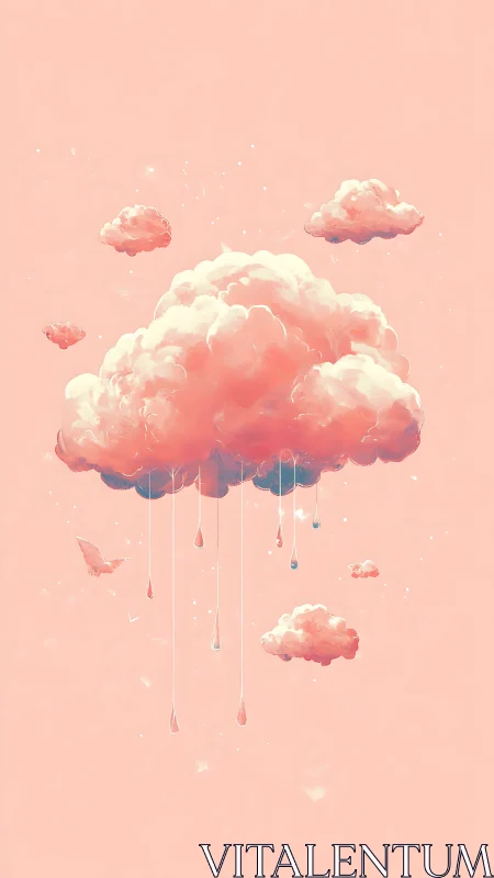 Soft pink clouds with dripping raindrops on pastel sky.