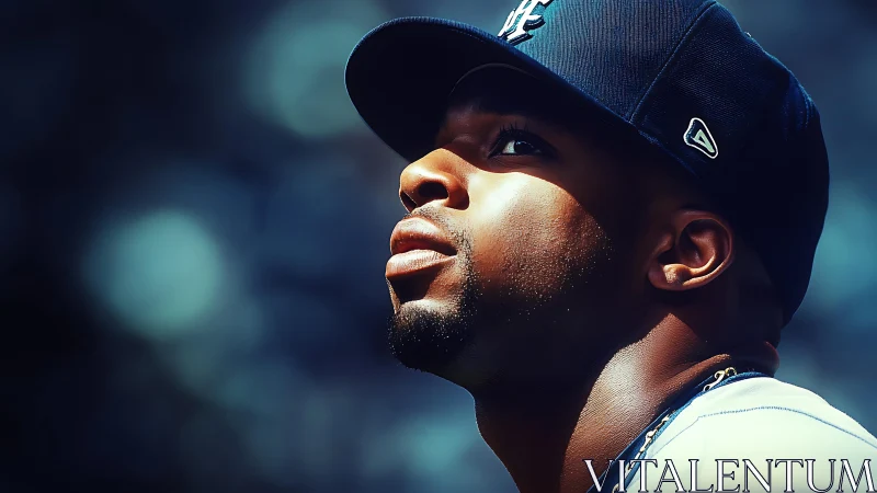Hopeful baseball player gazes upward under vivid stadium light