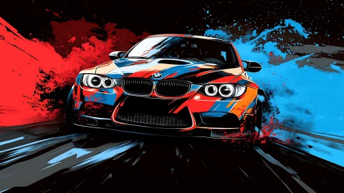 Sports car illustration with bold red and blue splashes.