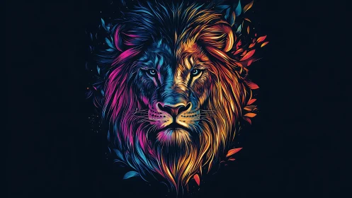 Neon lion portrait in vivid dual tone symmetry.