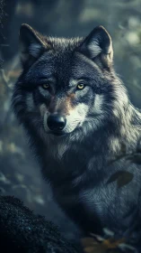 Grey wolf portrait in dim forest lighting at dusk.