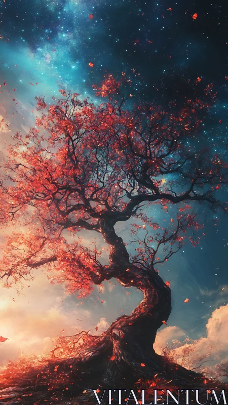 Twisted red tree silhouettes against nebula sky with dynamic light gradients