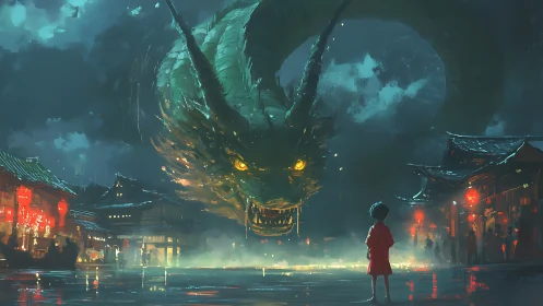 Child confronts colossal dragon above misty lantern street.