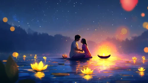 Evening ritual with floating lights and water reflection setting