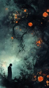 Silhouetted figure stands beneath luminous orange forest forms