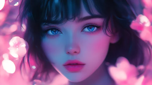 Dreamy neon gaze amid soft glowing blossoms.