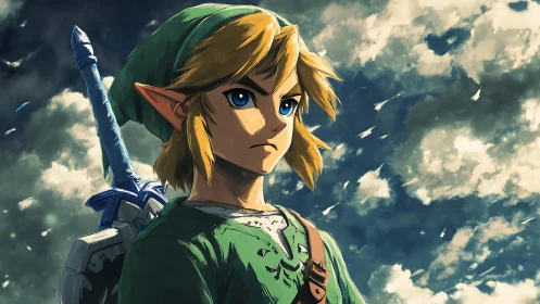 Elf-like swordsman portrait is rendered against cloudy sky