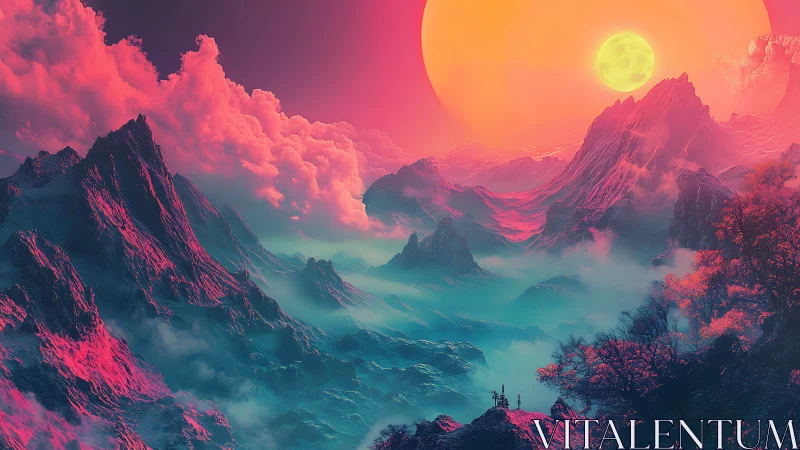 Dreamy neon mountains under a glowing twin sunset.