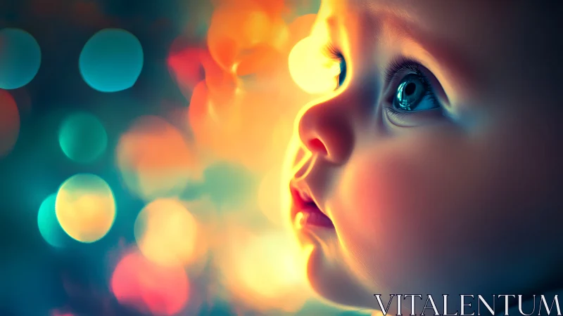 Baby portrait glowing with dreamy neon bokeh lights.