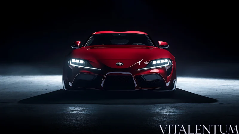 Front-lit red sports coupe isolated in dramatic low-key studio